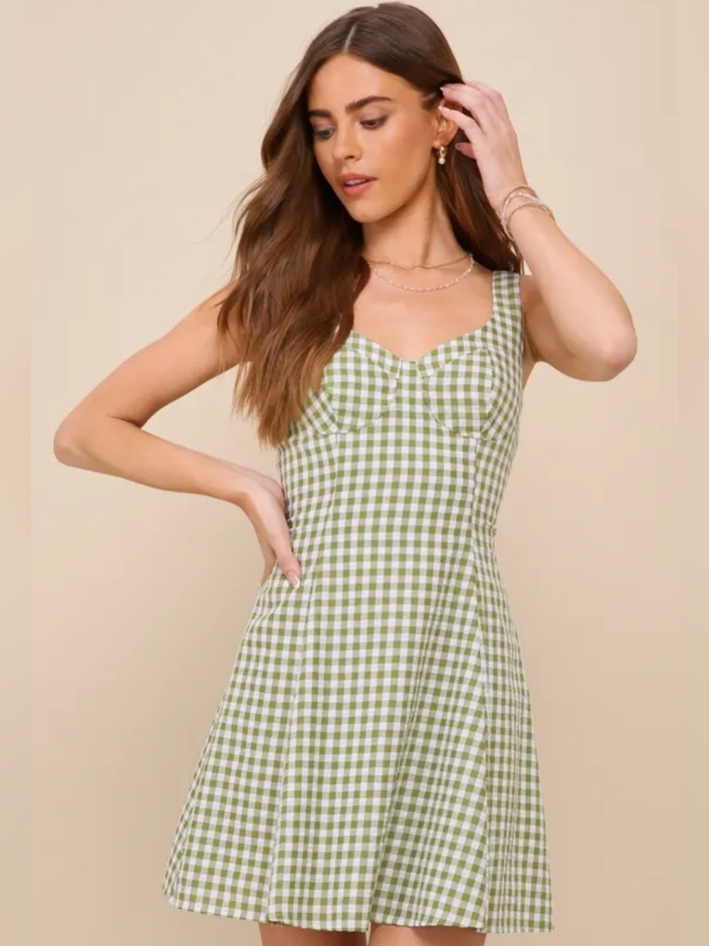 Pristine Chicness Green Gingham Sleeveless Bustier Mini Dress